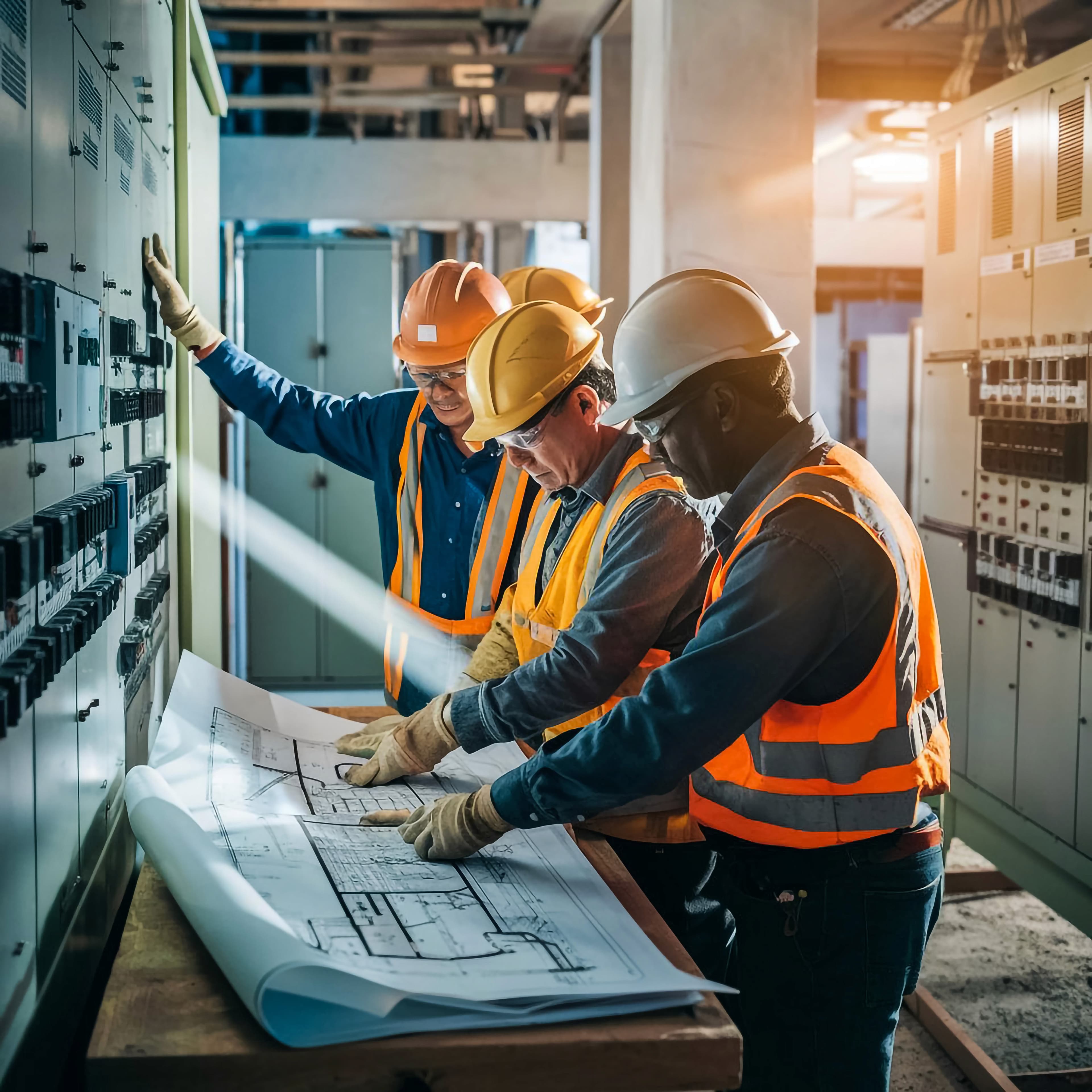 Três engenheiros analisando planta elétrica em sala de painéis BT/MT industriais
